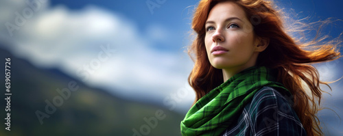 Scottish Woman in Tartan on a Highland Green Background with Space for Copy.