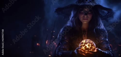 Spooky Witch Casting a Spell on a Midnight Black Background with Space for Copy.