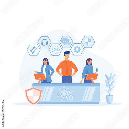 Customer service, 247 global online technical support, Call center, call processing system,  flat vector modern illustration 