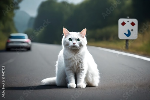white cat sit on the road © Fahad