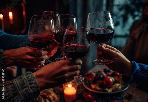 people toasting wine for a couple of glasses at christmas, in the style of gothic dark and moody tones, dark maroon and light indigo, bright, bold colors, textural layering, joyful celebration 