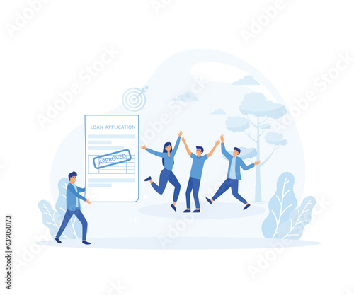 loan approval concept. man holds loan approval application paper and the other jumping behind with happy. flat vector modern illustration 