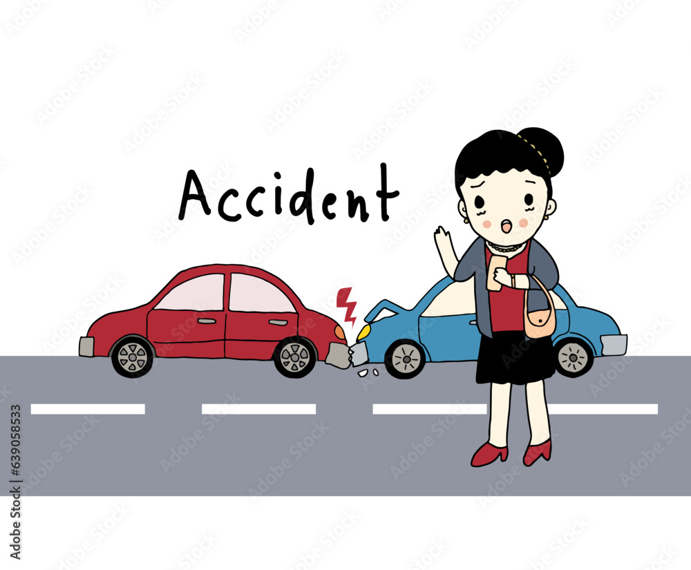 Car accident, woman with car accident. Hand drawn style vector illustration Car accident, woman with car accident. Hand drawn style vector illustration