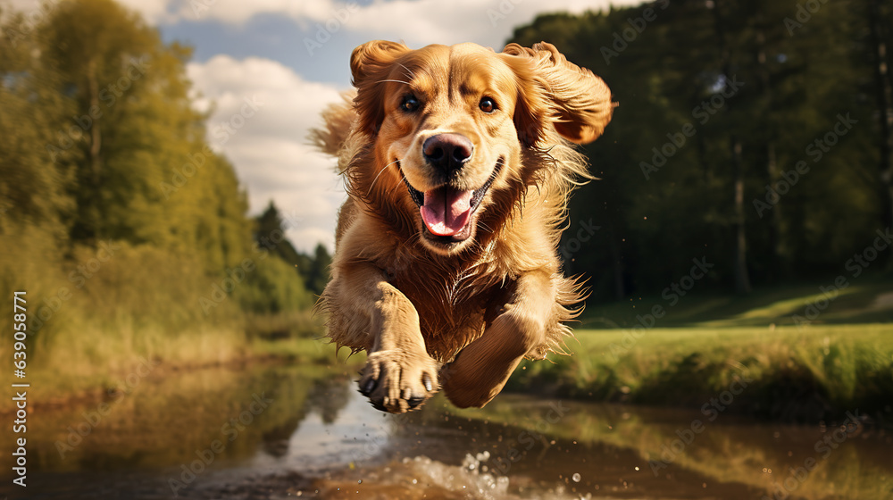 Photo of happy Golden retriever dog running and jumping in front of the camera. Digital illustration generative AI.