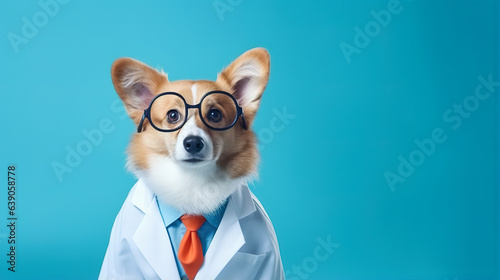 Cool looking corgi dog as a doctor wearing doctor gown or coat isolated on light blue background. Digital illustration generative AI. photo