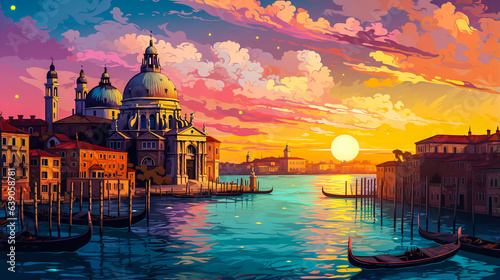 Venice or Venezia illustration landscape and sunrise or sunset. Colorful comic book style illustration. Digital illustration generative AI.