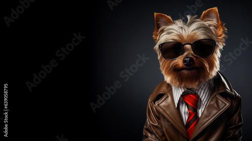 Cool looking Yorkshire Terrier dog as a detective wearing coat, sunglasses, shirt and tie isolated on background. Stylish animal posing as supermodel. Digital illustration generative AI.