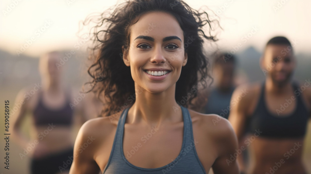 Young adult woman, doing sports with friends in a group or clique, running, jogging and hiking and running, diverse transgender or gay man wears crop top tank top