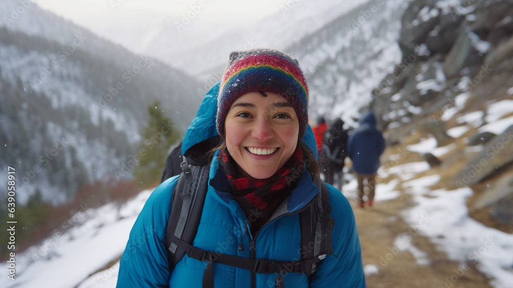 Mountaineering or hiking, adult woman 20s 30s, wearing blue winter jacket with hood and winter hat and rucksack or backpacking rucksack, i, fictional place in the winter vacation Mountaineering or hiking, adult woman 20s 30s, wearing blue winter jacket with hood and winter hat and rucksack or backpacking rucksack, i, fictional place in the winter vacation
