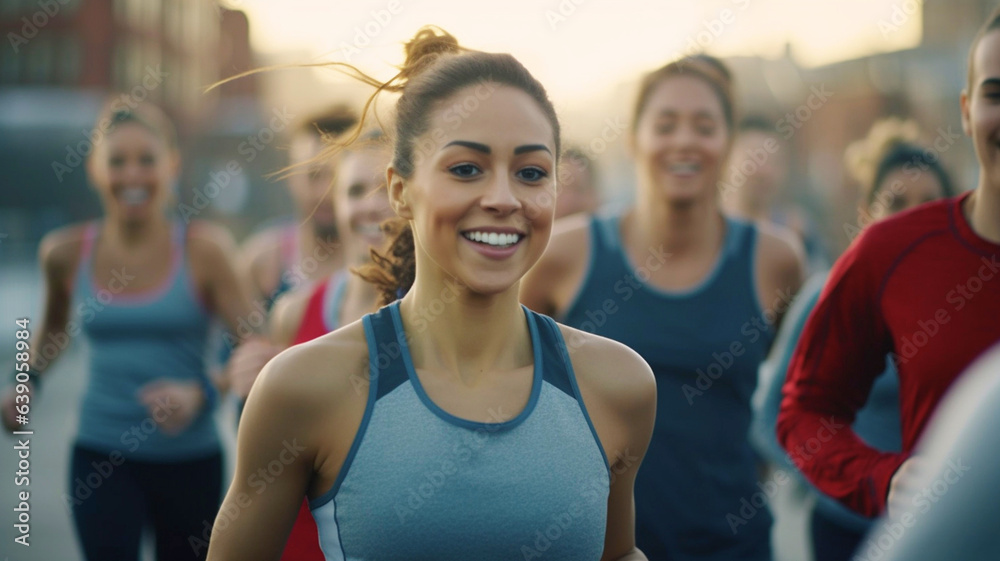 young adult woman with newly met friends in group outdoors in small town or village or countryside jogging and doing sport and relaxing in nature, multiracial tanned skin color young adult woman with newly met friends in group outdoors in small town or village or countryside jogging and doing sport and relaxing in nature, multiracial tanned skin color