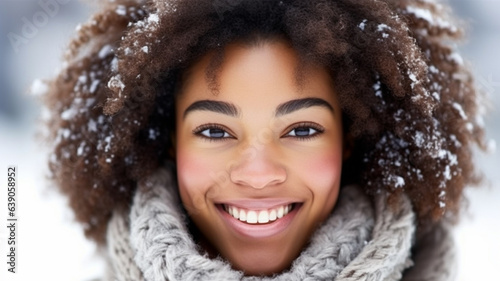young adult woman in winter, snow on hair, wearing winter scarf and winter jacket, outdoors in nature, snow and snowy landscape blurred, joyful satisfied smile, winter and christmas mood