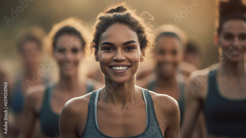 young adult woman with newly met friends in group outdoors in small town or village or countryside jogging and doing sport and relaxing in nature, multiracial tanned skin color