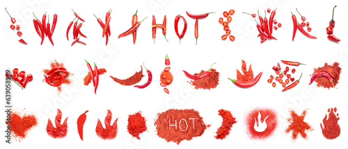 Set of red chili peppers and powder on white background