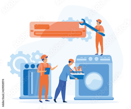 Repair and maintenance concept.Happy servicemen repairing machines at home. flat vector modern illustration  