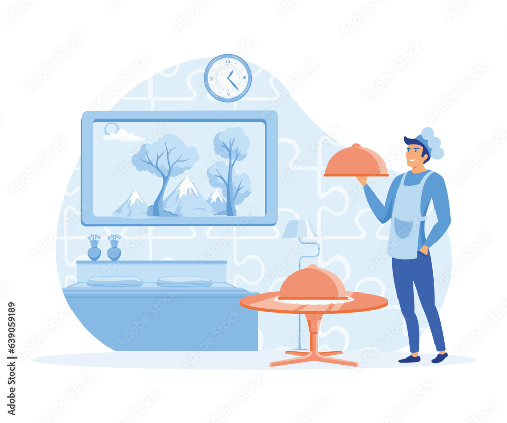Hotel jobs concept, Housekeeper making bed in room, cleaning lady, room service, breakfast in bed, hotel management. flat vector modern illustration Hotel jobs concept, Housekeeper making bed in room, cleaning lady, room service, breakfast in bed, hotel management. flat vector modern illustration