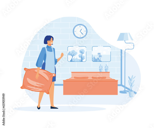 Hotel jobs concept, Housekeeper making bed in room, cleaning lady, room service, breakfast in bed, hotel management. flat vector modern illustration
