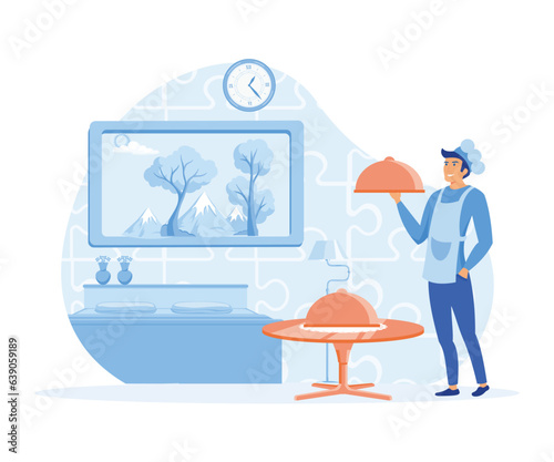 Hotel jobs concept, Housekeeper making bed in room, cleaning lady, room service, breakfast in bed, hotel management. flat vector modern illustration
