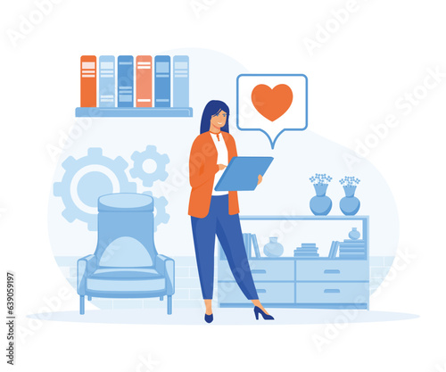 Hotel jobs concept, Housekeeper making bed in room, cleaning lady, room service, breakfast in bed, hotel management. flat vector modern illustration