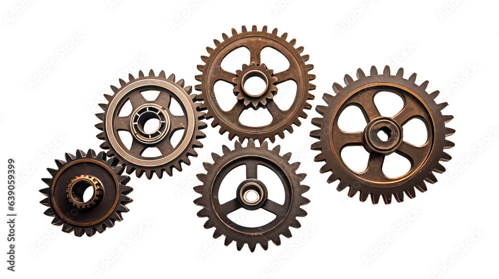 Several old industrial gears isolated on white created with Generative AI - obrazy, fototapety, plakaty 
