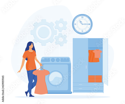 Hotel business concept, Experienced manager training staff, laundry service, maid ironing guests shirt, waiter serving at banquet. flat vector modern illustration