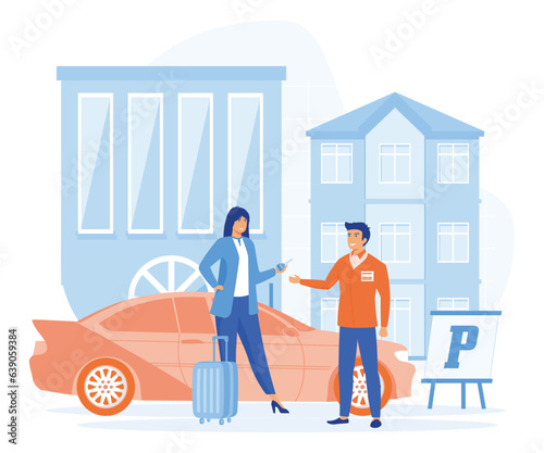 Hotel service concept. valet parking worker gets keys from clients car. flat vector modern illustration  photo