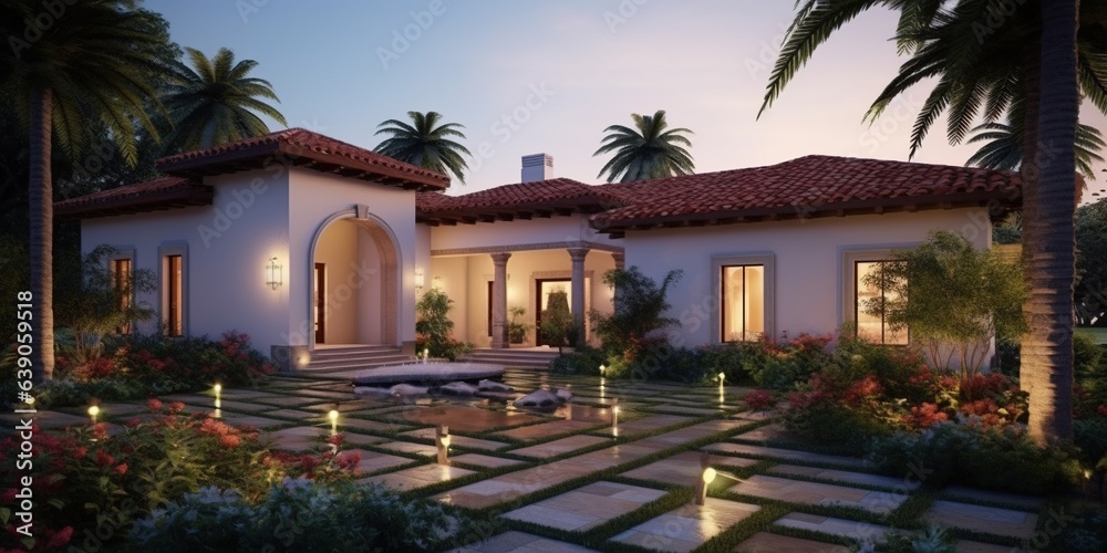 Home architecture design in Mediterranean Style with Courtyard constructed by Stucco and tile material.