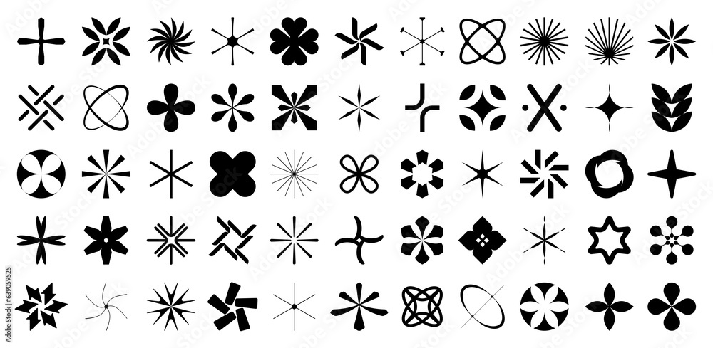 Fototapeta premium Abstract geometry PNG graphic design elements collection, Big set of various form retrofuturistic y2k, labels, shapes, stickers, Modern bold brutalistic objects and shapes set 2