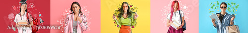 Set of different fashionable women on colorful background