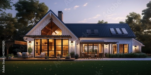 Home architecture design in Modern Farmhouse Style with Gabled roof constructed by Board and Batten