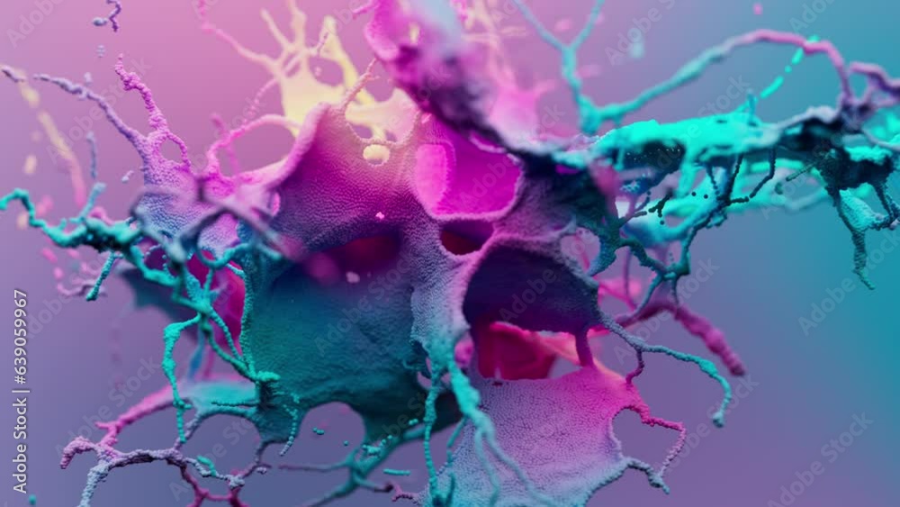 Abstract colorful particles splashing explosion 3d animation.