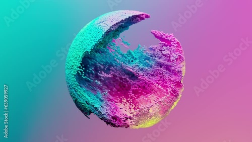 Abstract colorful particles fluid motion in sphere 3d animation.