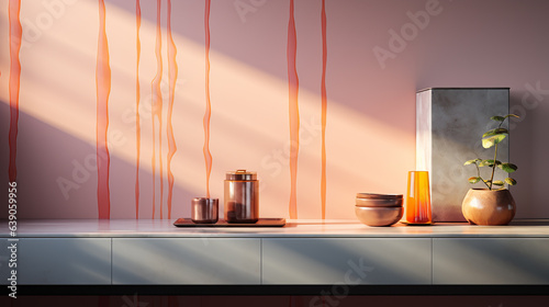 A sun soaked counter, beautifully decorated, with metal, glass and ceramic interior