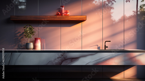 A beautiful, marvelled counter, soaked in dramatic sunlight and decorated with hot-pink glass interiors 