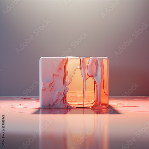 A melting, dripping cube of ice, sitting on a counter in beautiful sunlight
