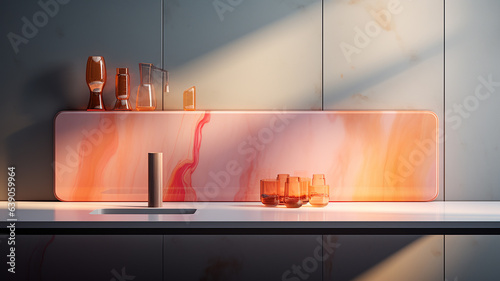 A sun soaked counter, decorated with multiple glasses on a background with beautiful marble pattern