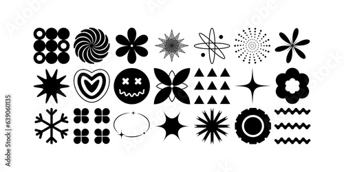 Abstract geometric shapes and y2k. y2k elements for design. A set of black shapes for decoration. Vector shapes for covers, postcards, banners, flyers. Isolated on a white background.