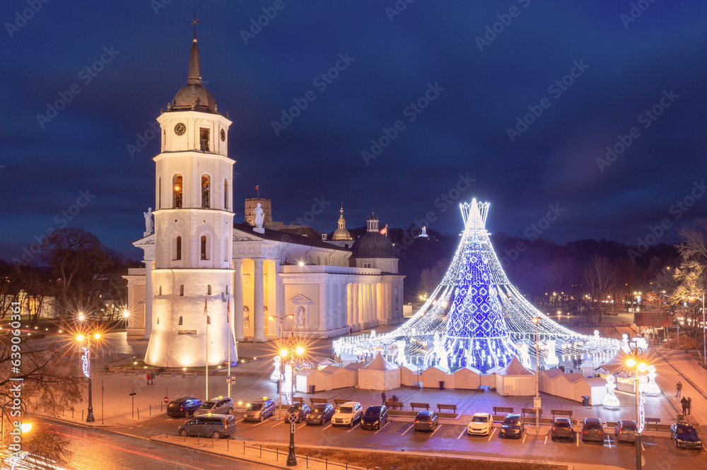 Fototapeta premium Night Christmas tree on Cathedral Square and Cathedral Belfry, Vilnius, Lithuania, Baltic states.
