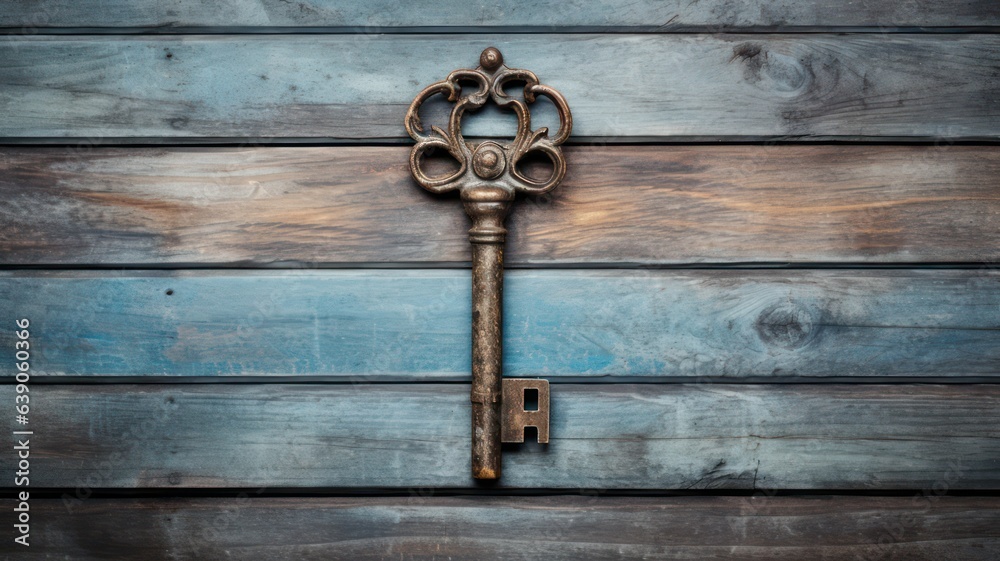 Fotografie Old key on wooden background created with Generative AI