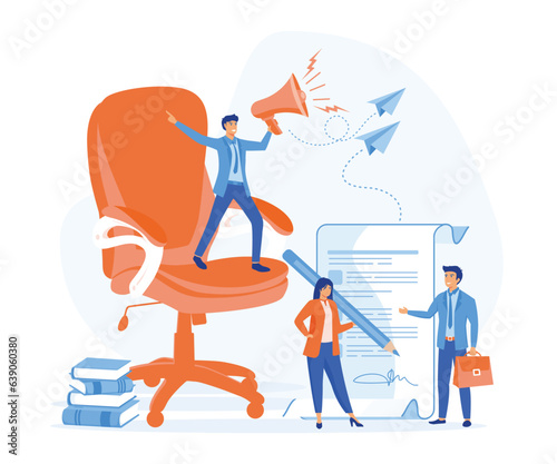 staff Recruitment. agency job seekers job applicants and office chair open vacancy.  flat vector modern illustration  