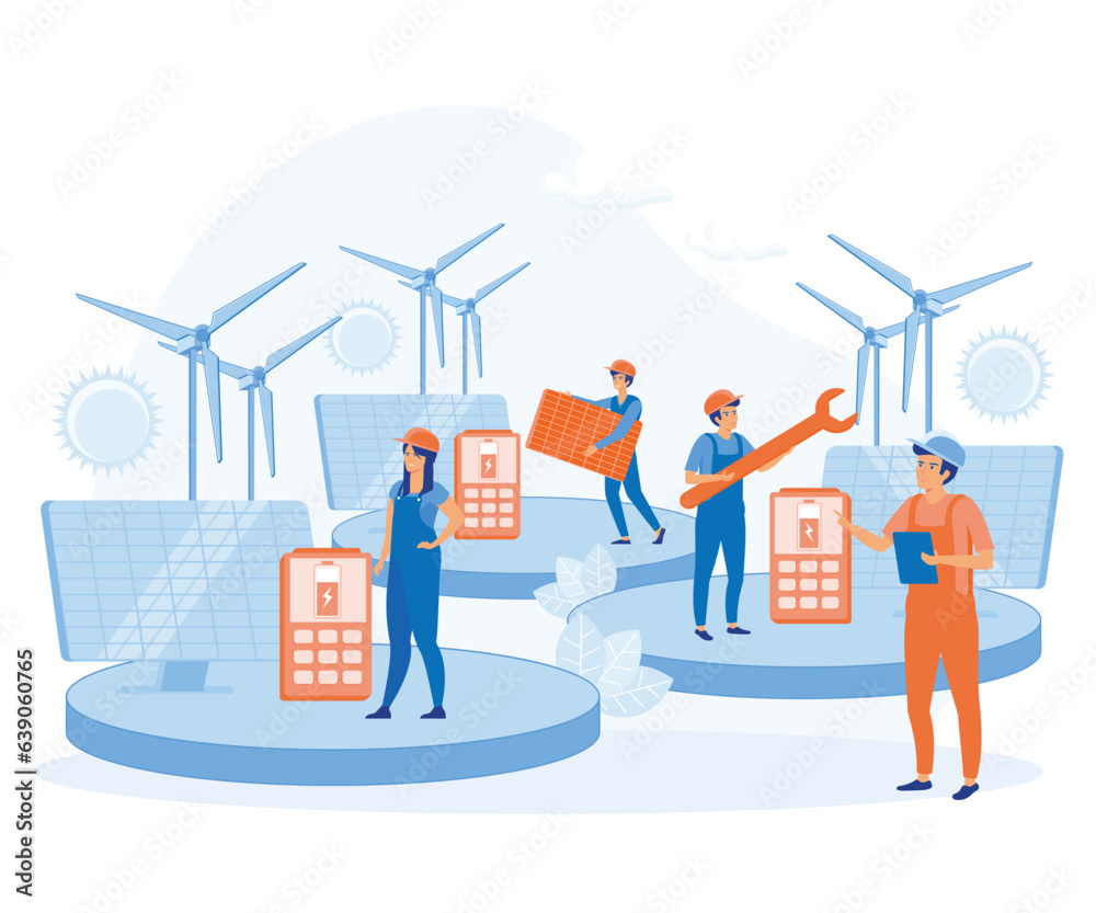 Solar energy system concept. Installing solar modules, Scene with professional team and panels. flat vector modern illustration