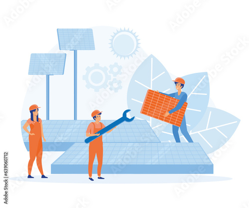 Solar energy panels system concept. Installing solar modules. Field service technicians, flat vector modern illustration