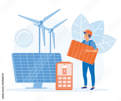  green energy concept.  Sustainable development, Solar panel installation. flat vector modern illustration
