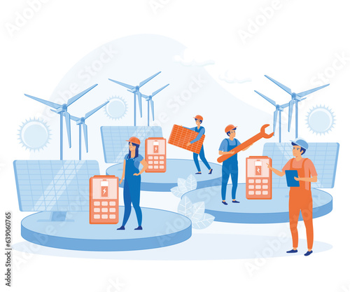 Solar energy system concept. Installing solar modules, Scene with professional team and panels. flat vector modern illustration