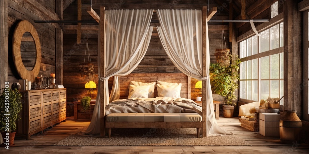 Interior design of Bedroom in Rustic style with Four - poster bed with white linens decorated