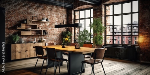 Interior design of Dining Room in Industrial style with Exposed brick wall decorated with Metal, Wood
