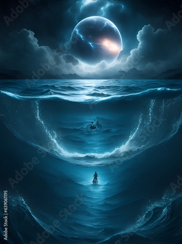 Photo of a person riding a bike in the ocean