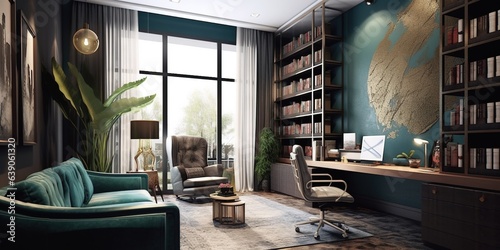 Interior design of Home Office in Contemporary style with Desk decorated with Glass, Metal
