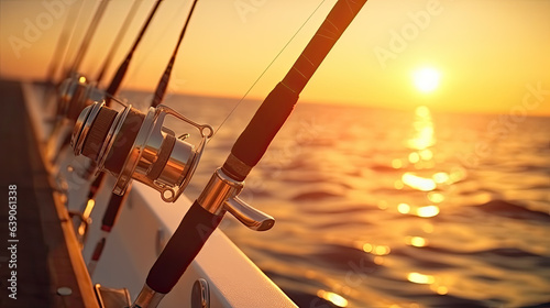 Fishing rods on a yacht board. Sea fishing in clear sunny weather. photo