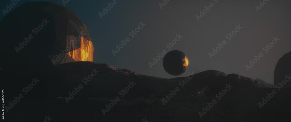 Silhouettes of alien structures in a desert at dusk