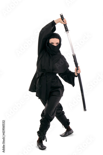 Female ninja with sword isolated on white